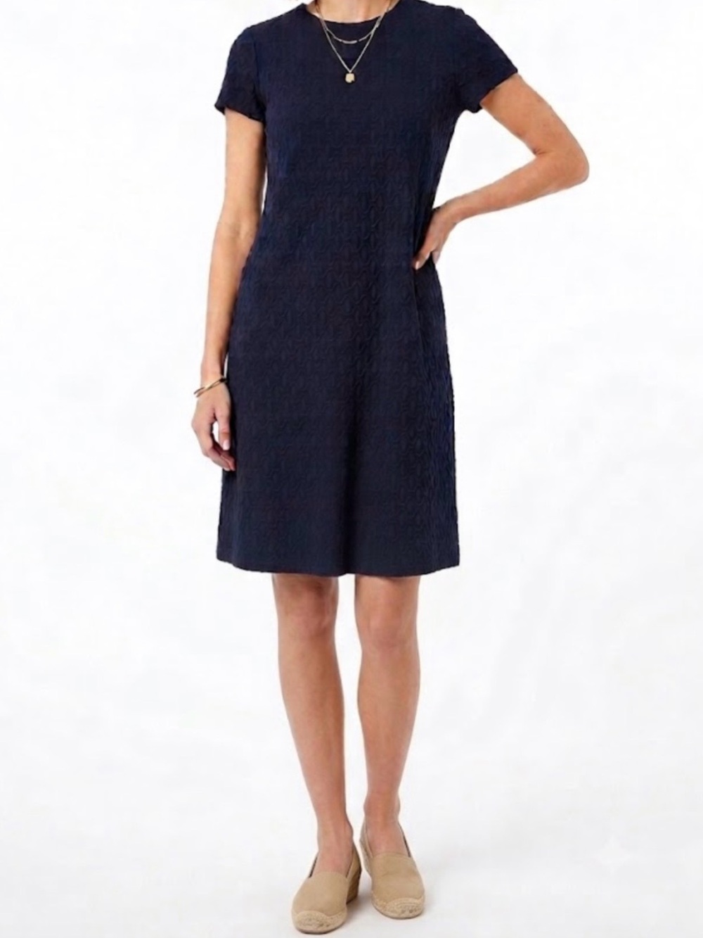 J McLaughlin Navy Blue Swing Dress. Pockets Textured Minimalist Stretchy Medium